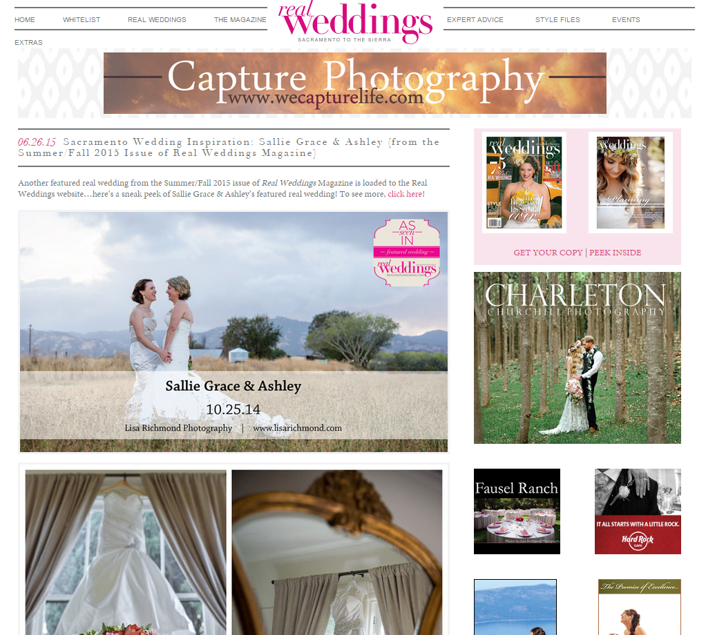 Screenshot of a wedding blog layout featuring articles, images, and advertisements, with a highlighted post about Sacramento wedding inspiration dated 10-25-14 called "Sallie Grace & Ashley.