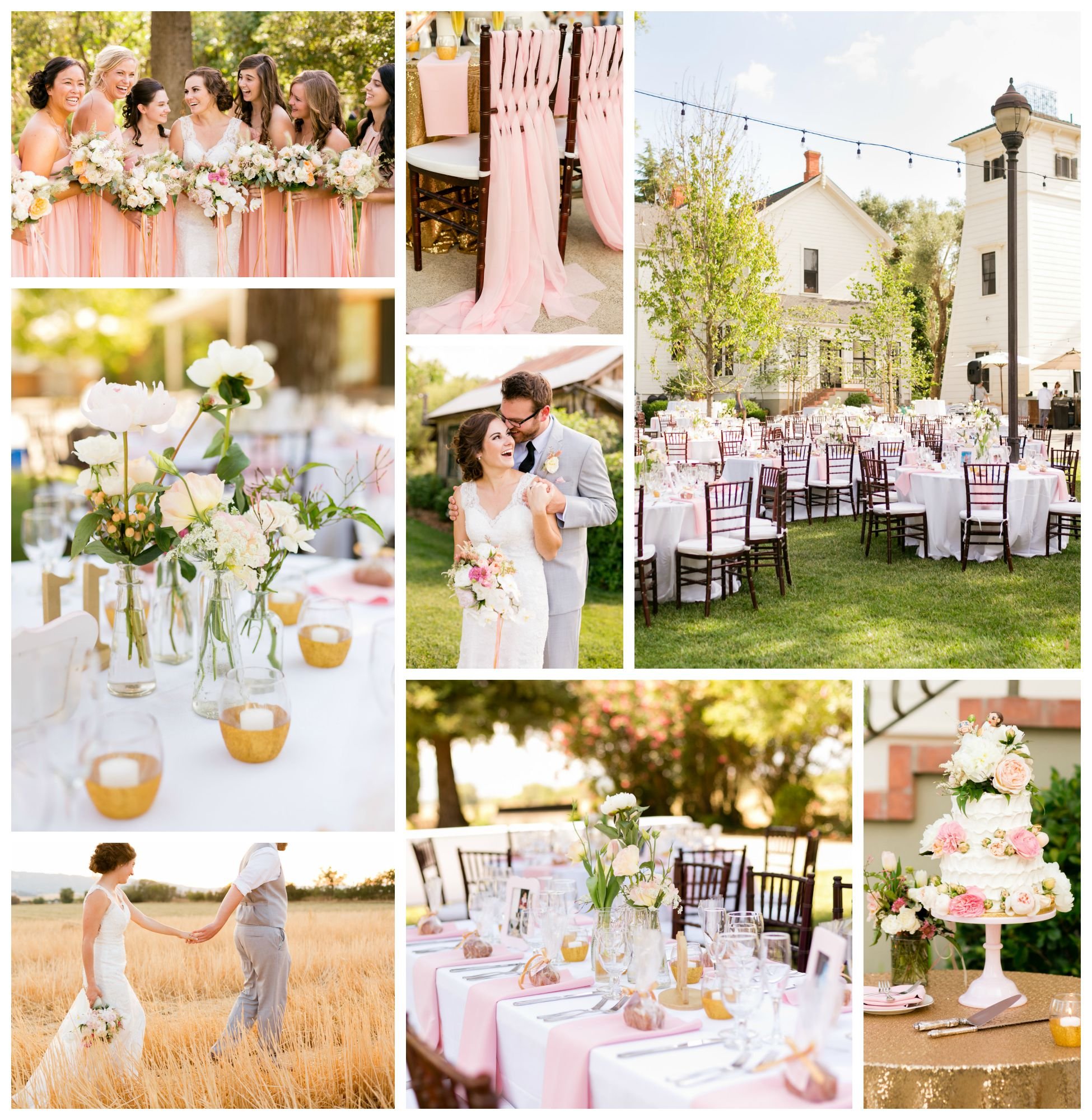 Collage of a wedding showing a bride and groom, bridesmaids in peach dresses, floral centerpieces, an outdoor reception with decorated tables and chairs, a cake, and a couple walking in a field.