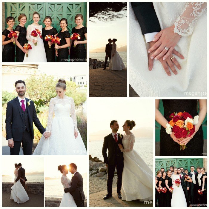 A collage of wedding photos includes the bride and groom, bridesmaids, close-ups of rings and a bouquet, and the couple at sunset.