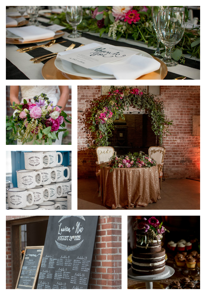 A wedding setup featuring a decorated table, floral arrangements, personalized mugs, a menu board, and a tiered cake. The decor includes greenery and pink flowers, with a sign reading "Mr. & Mrs.