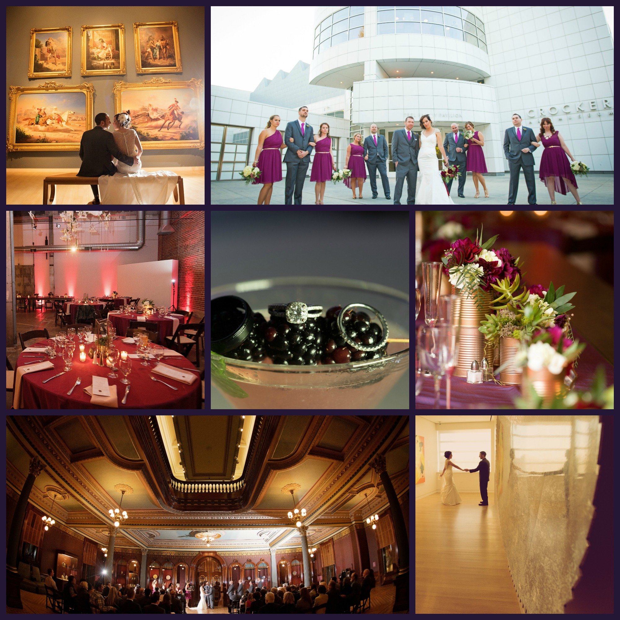 A collage of wedding moments, including the couple at an art gallery, the bridal party posing outdoors, a reception setup, close-ups of rings, and the couple dancing in a ballroom.