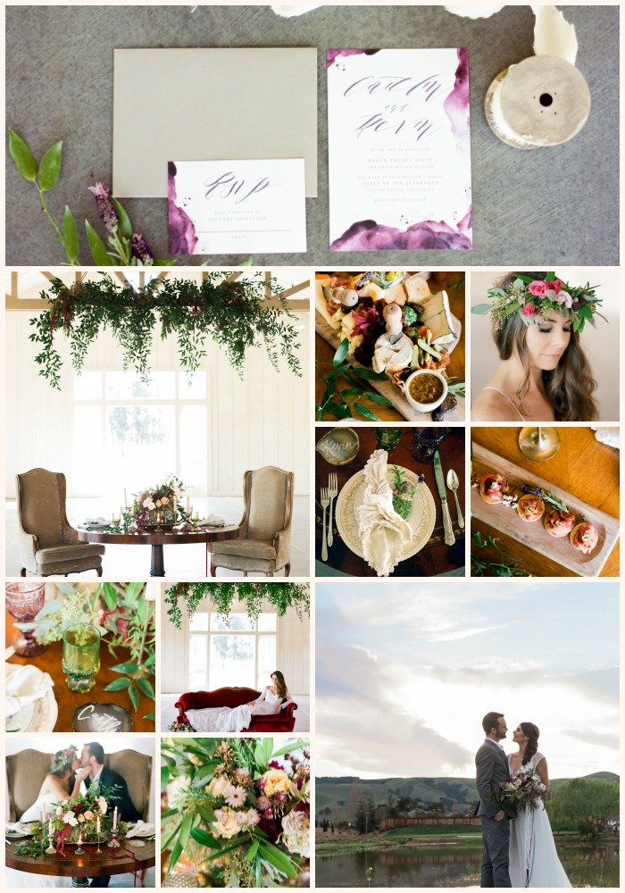 A collage of wedding-themed images includes table settings, food, floral decor, invitations, and a couple posing outdoors. A bride, adorned with a flower crown, and a groom are also depicted.