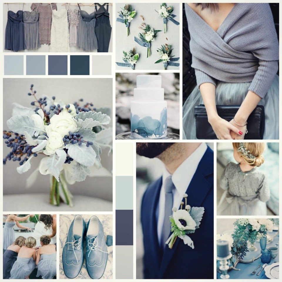 A collage of wedding elements in shades of blue and grey, including attire, flowers, shoes, and a cake. There are images of dresses, a suit with boutonniere, a bouquet, shoes, and table decor.