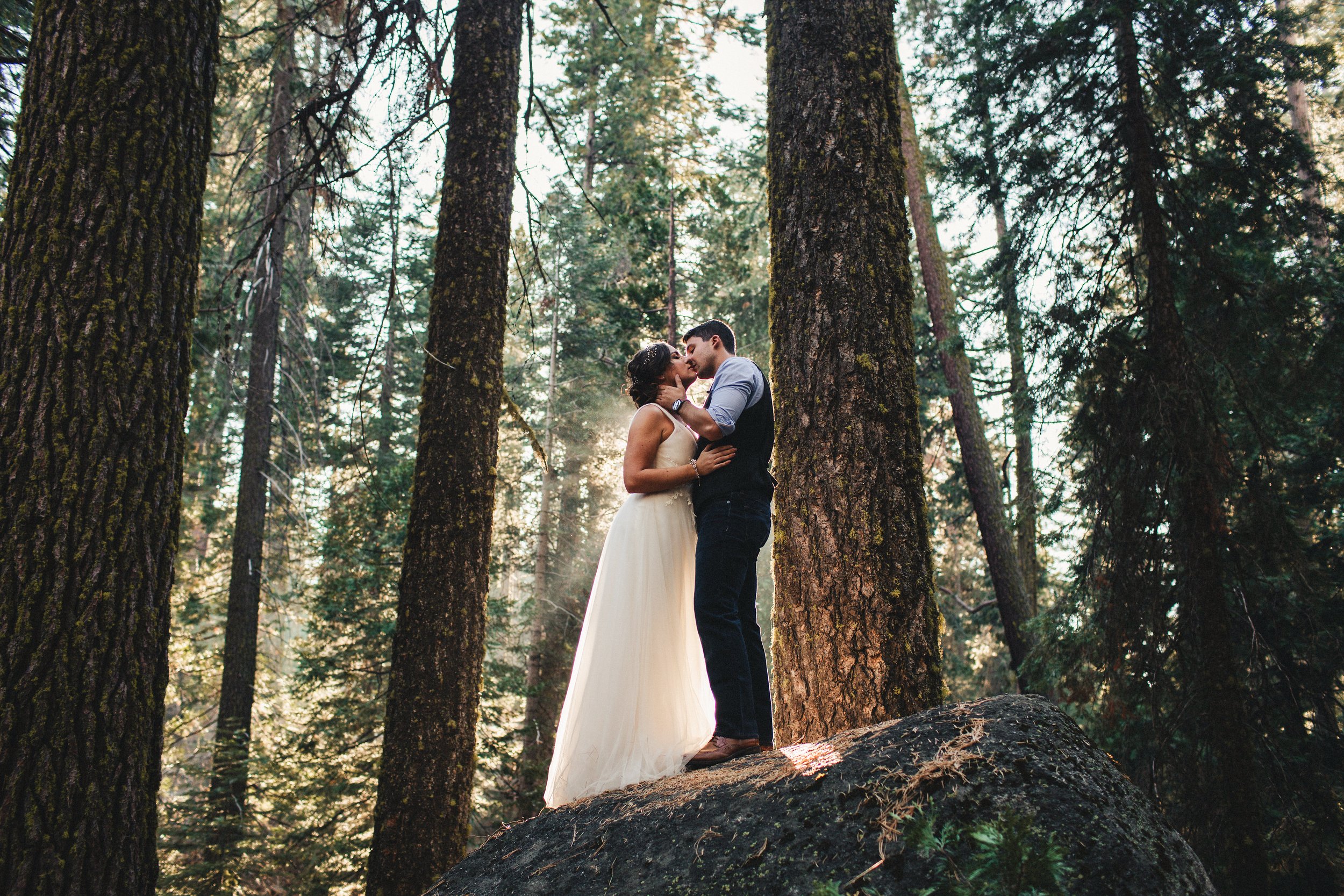 A couple stands on a large rock in a forest, embracing each other and sharing a kiss. The bride is in a white dress, and the groom is in dark attire. Tall trees surround them.