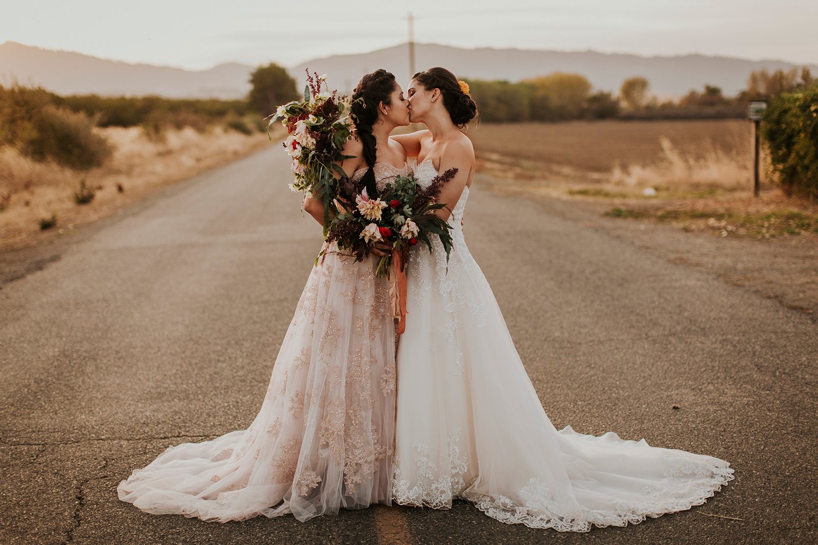 Two brides in wedding dresses kiss in the middle of a rural road, each holding a bouquet of flowers. The landscape includes fields, mountains, and a partly cloudy sky.