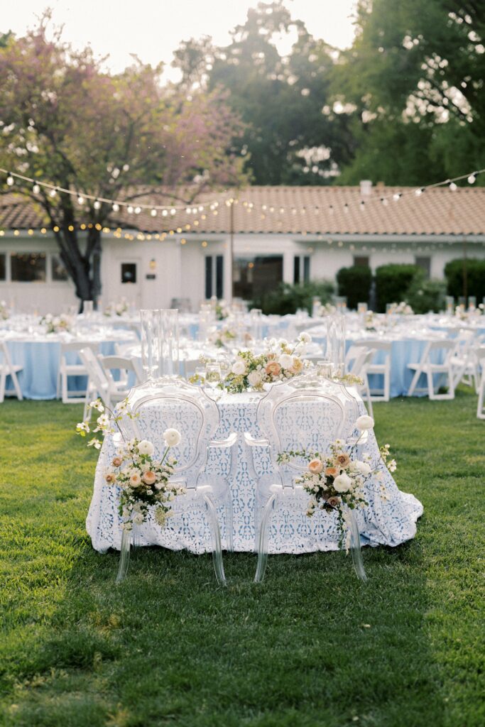 Outdoor wedding reception setup with clear chairs, floral arrangements, a lace tablecloth, string lights, and round tables with blue linens on a green lawn.