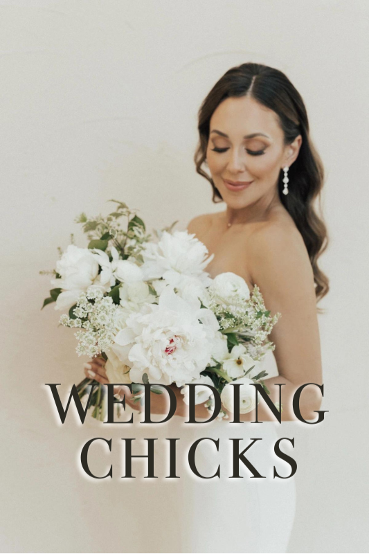 A bride holds a large bouquet of white flowers against a plain background. The text "WEDDING CHICKS" is overlaid on the lower portion of the image.