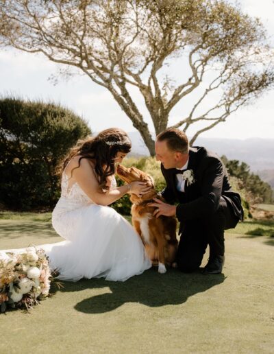 Bride and groom kneeling on grass petting a brown dog, with a bouquet nearby and a tree in the background.