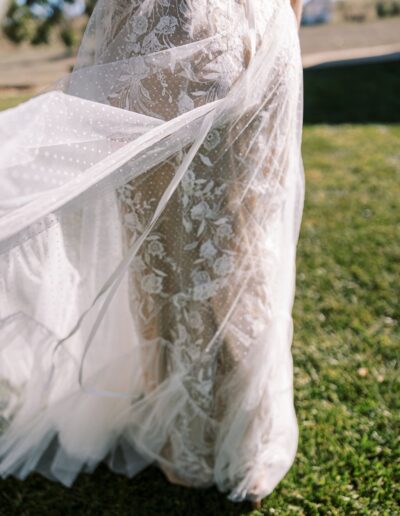 A person wearing a flowing, translucent lace dress stands on grass, with the fabric gently blowing in the breeze.