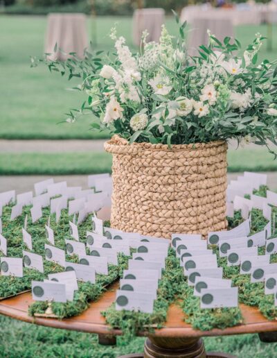 A round table displays a woven basket with white flowers and greenery, surrounded by name cards arranged on a moss-covered surface, set outdoors on a grassy lawn.