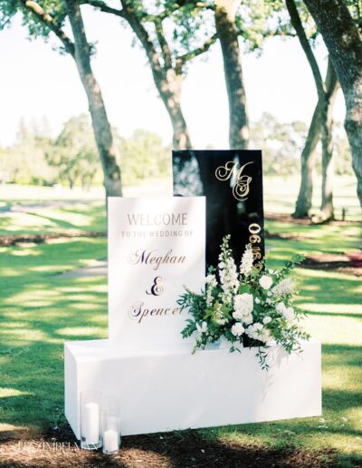 Wedding welcome sign on a green lawn with floral decorations, stating "Welcome to the wedding of Meghan & Spencer," featuring white and black panels with gold lettering.