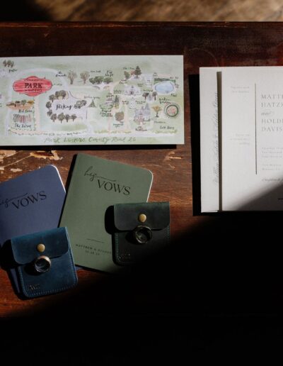 A wooden table with wedding vows booklets, a park map, invitation cards, and a bottle of Dolce & Gabbana perfume.