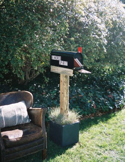 Mailbox labeled "Kindred Spirit" on a wooden post with an open lid, next to a brown armchair, set in a garden with greenery.