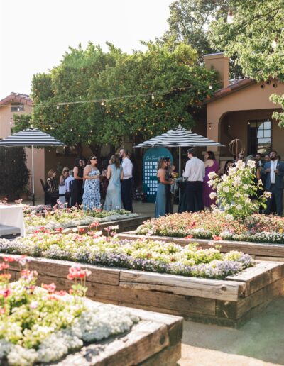 People gather outdoors at a Napa Valley wedding. Raised flower beds with colorful blooms are in the foreground, while trees and a winery building create a stunning backdrop.