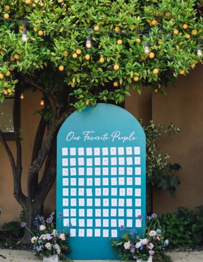 A large board titled "Our Favorite People," perfect for a Napa Valley wedding, displays numerous cards, set under a lemon tree with string lights.