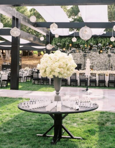 Decorative table with a white rose centerpiece, surrounded by place cards, set on grass under hanging lights and fabric drapes.