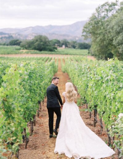 A couple in wedding attire walks hand-in-hand down a vineyard path, surrounded by rows of grapevines with mountains in the background.