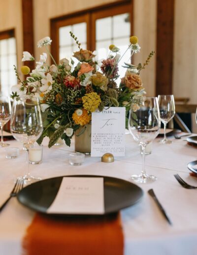 Table setting with floral centerpiece, wine glasses, candles, and a menu on a white tablecloth with an orange runner.