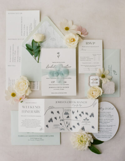 A wedding invitation suite arranged with flowers. It includes an invitation, RSVP card, weekend itinerary, and map, all decoratively displayed with a soft color palette.