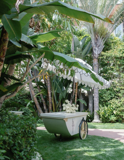 A small cart with wheels and a floral arrangement on top is parked on a grassy area under a large white umbrella, surrounded by tropical plants and trees.