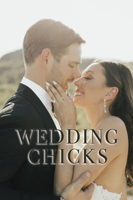 A bride and groom embrace outdoors in wedding attire, with "Wedding Chicks" text overlaid.