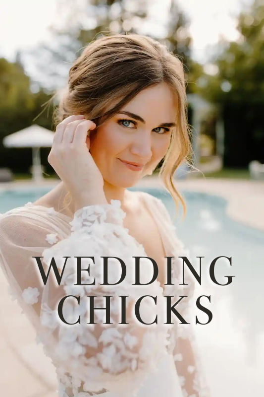 A woman in a white floral gown stands by an outdoor pool, gently touching her hair, with text "WEDDING CHICKS" overlaid.