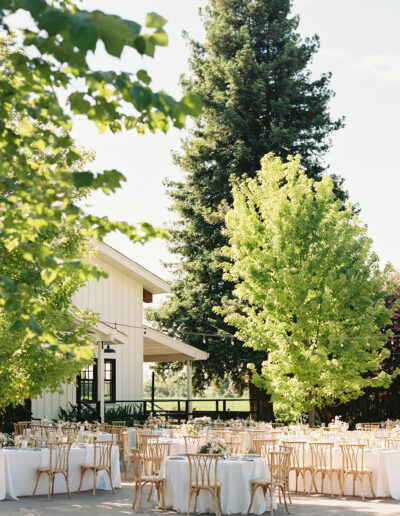 Outdoor event setup with round tables covered in white tablecloths and wooden chairs beneath trees next to a white building.