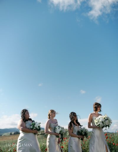 Four bridesmaids in matching light dresses stand outdoors holding white bouquets, with a clear blue sky and fields in the background.