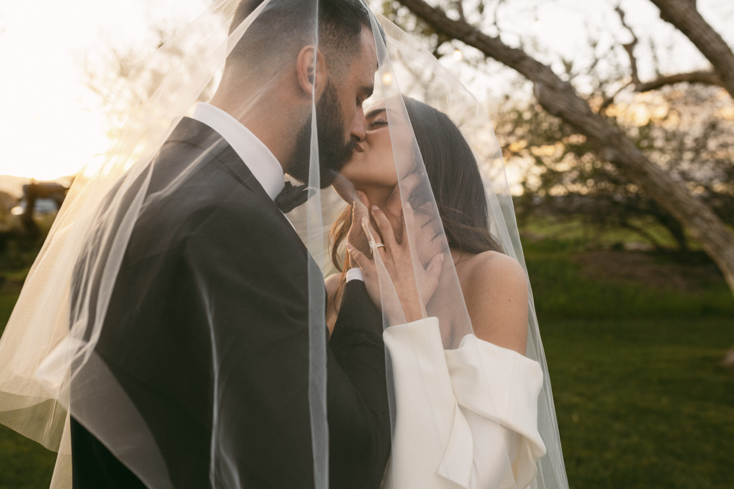 A bride and groom share a kiss under a veil in the enchanting outdoor setting of Park Winters, surrounded by trees.