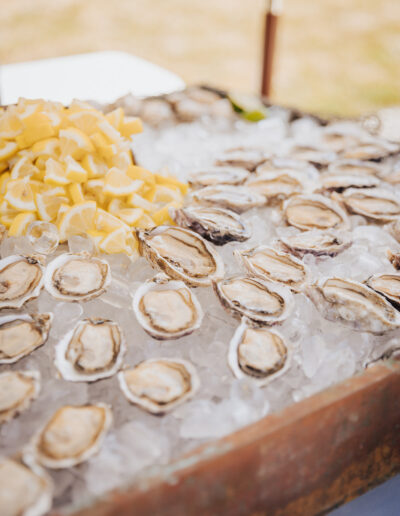 Fresh oysters on the half shell arranged on a bed of ice with a pile of lemon wedges nearby.