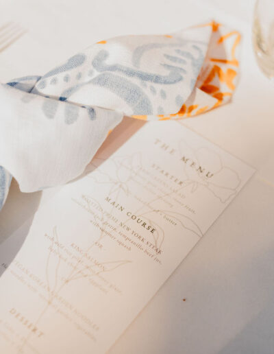 A close-up of a table setting with a printed menu, folded napkin, cutlery, a drink, and a place card on a white tablecloth.