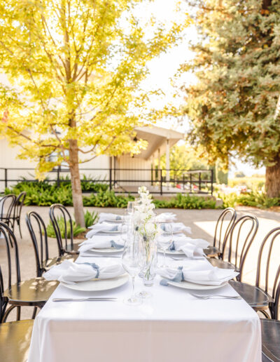 A long outdoor dining table set with white linens, plates, glassware, and simple floral centerpieces, surrounded by black chairs under leafy trees.