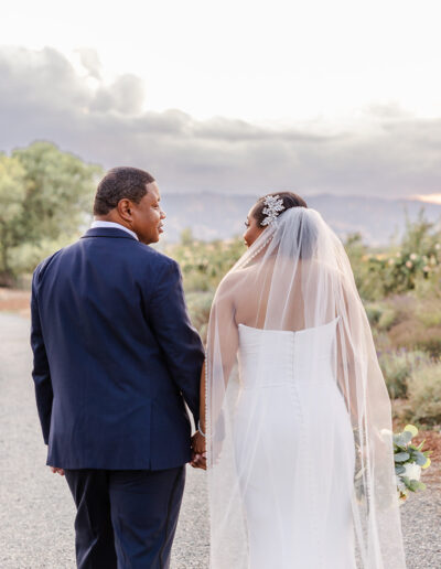 A bride and groom walk hand in hand outdoors on a path, facing away from the camera. The bride wears a white dress and veil, while the groom wears a dark suit.