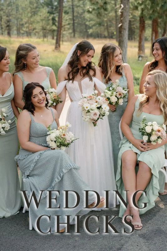 A bride in a white dress stands outdoors with five bridesmaids in light green dresses, all holding bouquets and smiling at each other. Text reads "WEDDING CHICKS.