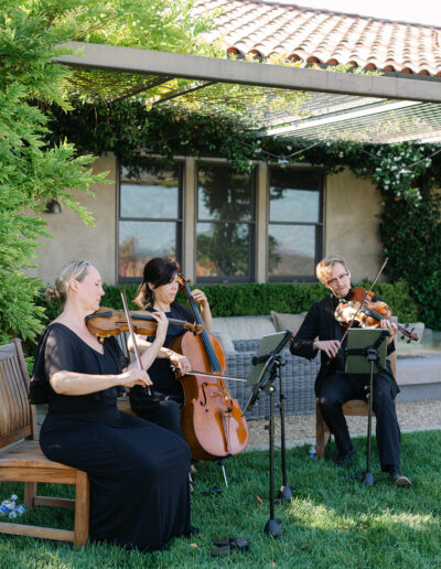 Three musicians, dressed in black, play string instruments—two violins and a cello—seated outdoors on grass near a building with greenery and a pergola.