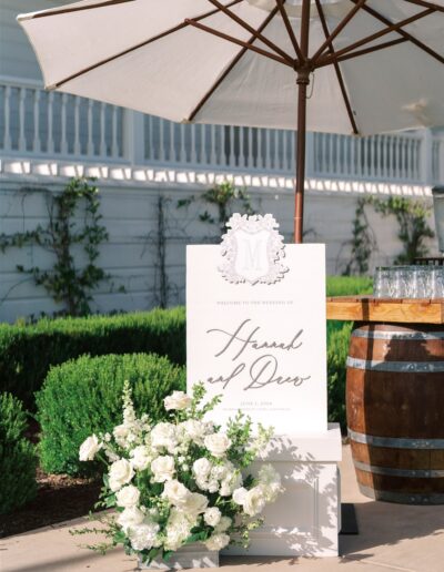 A wedding welcome sign with floral arrangements stands beside a wooden barrel and umbrella outdoors; the sign reads “Hannah and Drew, June 3, 2022.”.