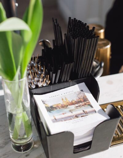 A black holder contains black straws, drink stirrers, and a stack of napkins with a scenic print, next to a glass vase with green leaves on a countertop.